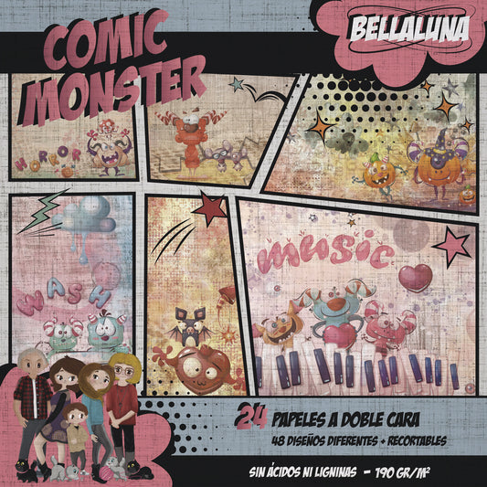 Pad 12x12" Bellaluna Crafts con 24 papeles doble cara Comic Monsters