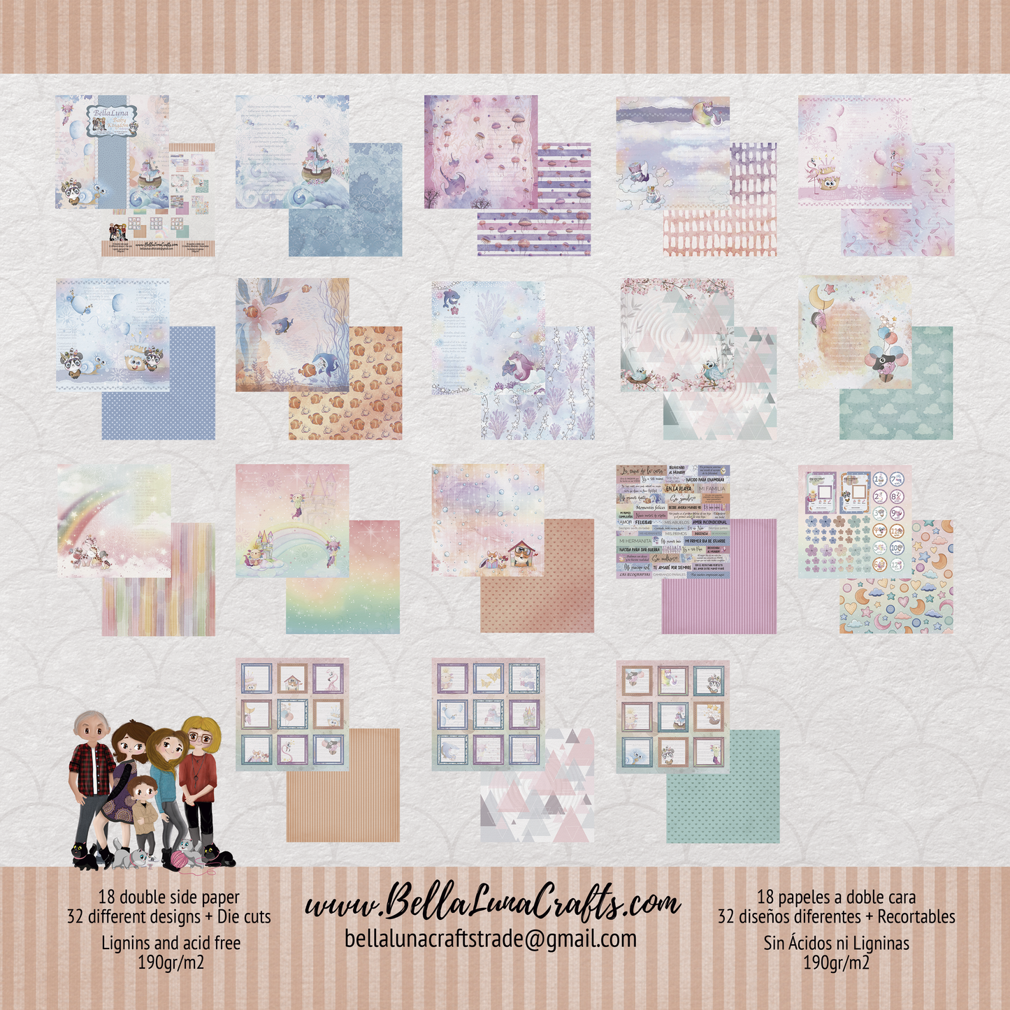 Pad 8x8" Bellaluna Crafts con 18 papeles doble cara Baby Kingdom