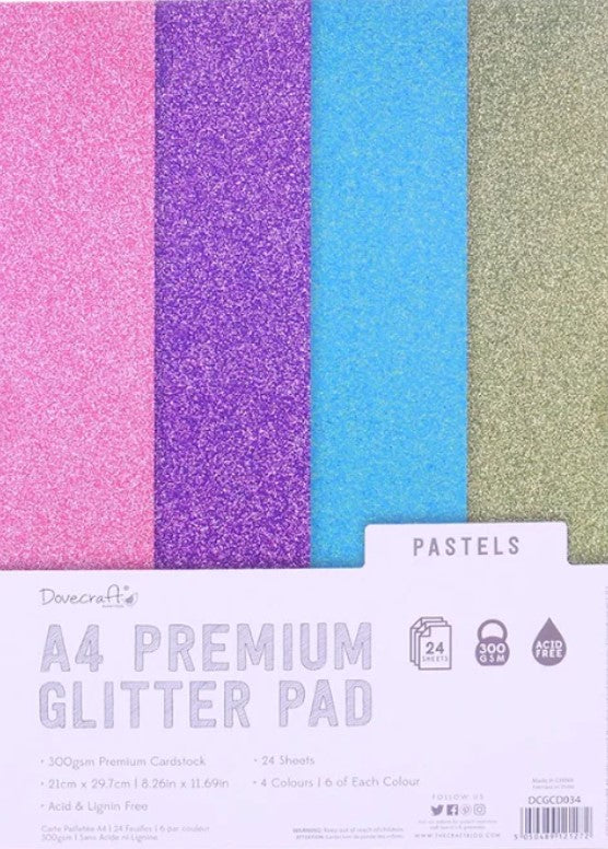 Dovecraft Glitter Card A4 Pad - Pastels - 24 Sheets