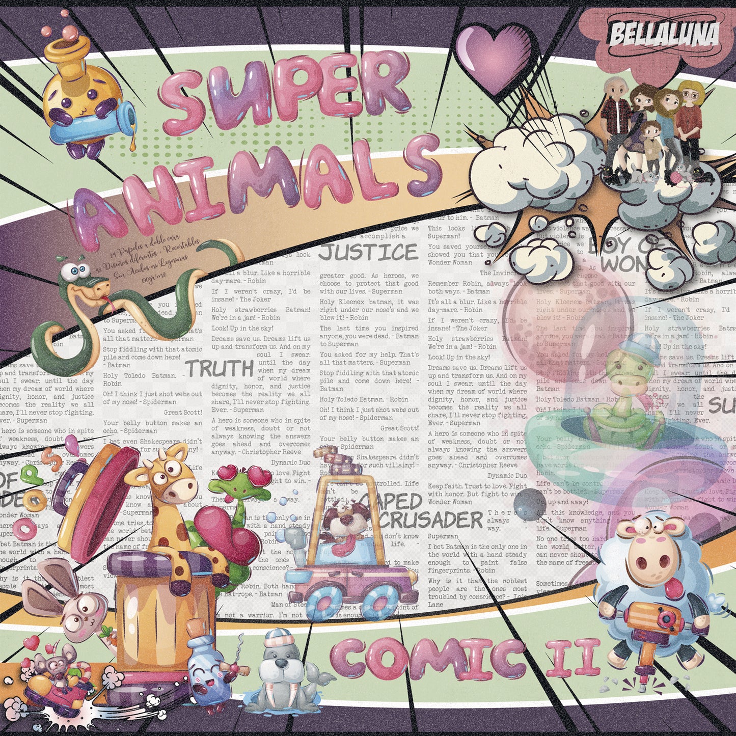 Pad 8x8" Bellaluna Crafts con 24 papeles doble cara Super Animals Comic