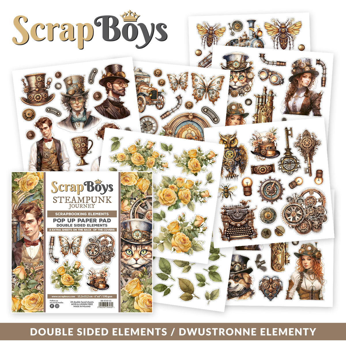 Block de papeles 6x6" Scrap Boys Pop Up con recortables Steampunk Journey
