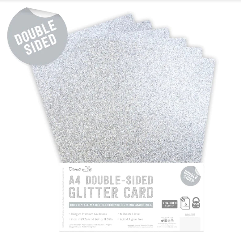 A4 Double Sided Glitter Pack - Silver - 350gsm - 6 Sheets