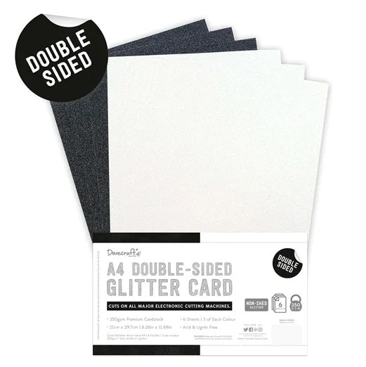 A4 Double Sided Glitter Pack - Black & White - 350gsm - 6 sheets